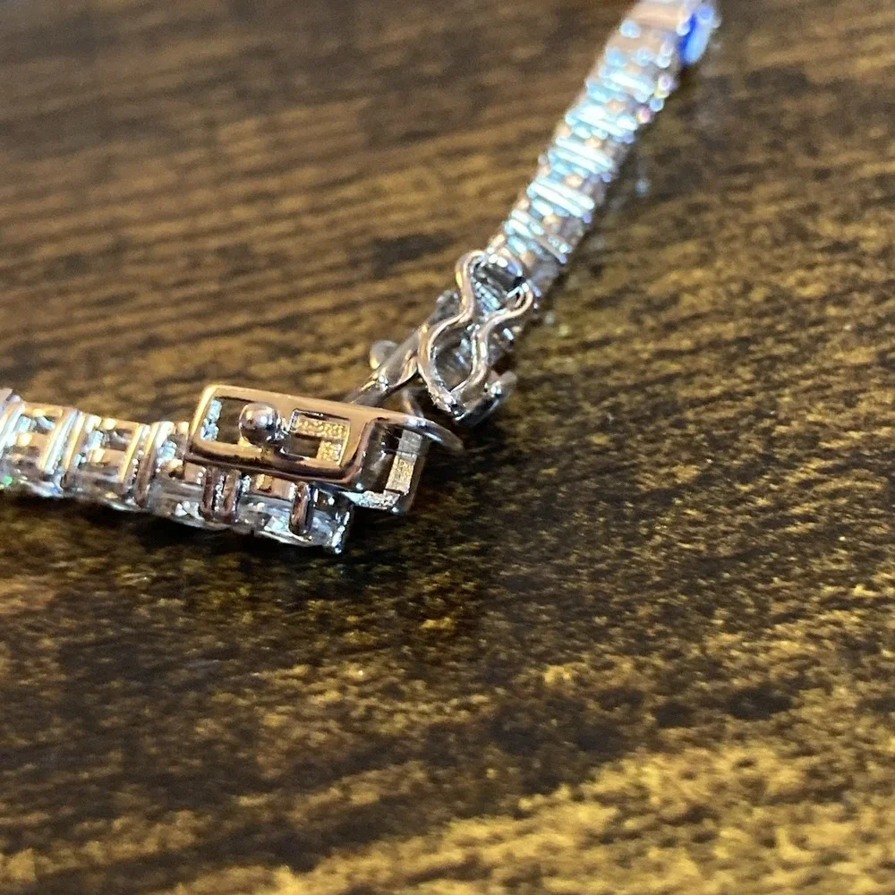 Silver Tone CZ Tennis Bracelet Blue Evil Eye Charm 8in 6mm Crystal